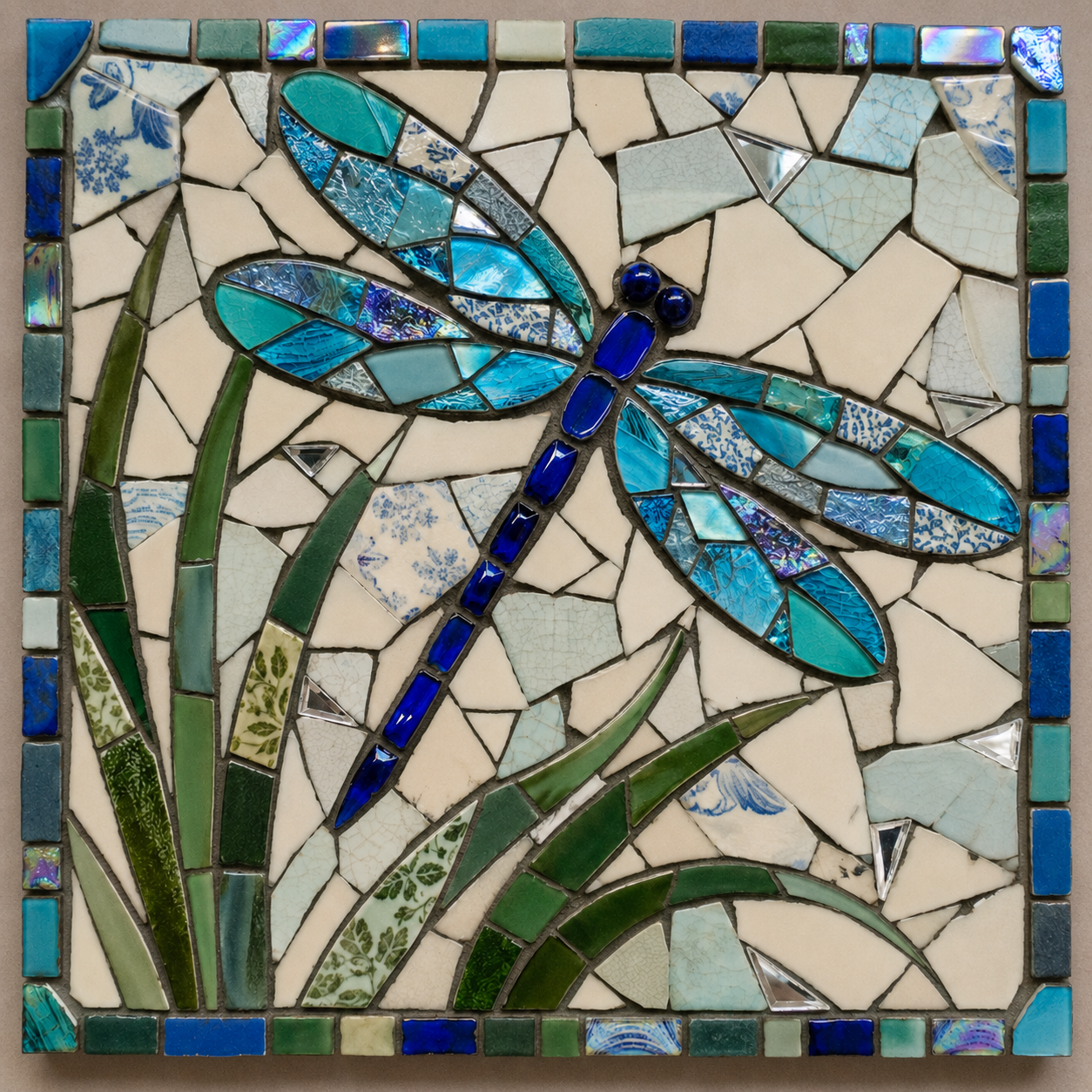 Dragonfly mosaic with pale grey grout in the joints